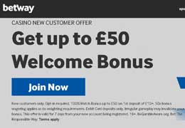 Betway Casino UK Gbp 50 welcome bonus